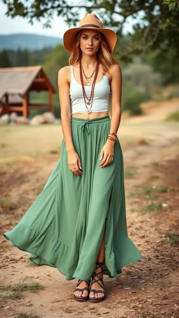 Boho Green Maxi Skirt + Crop Top
